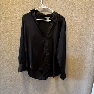 H&M Black Long-Sleeve Button-Down Satin Blouse